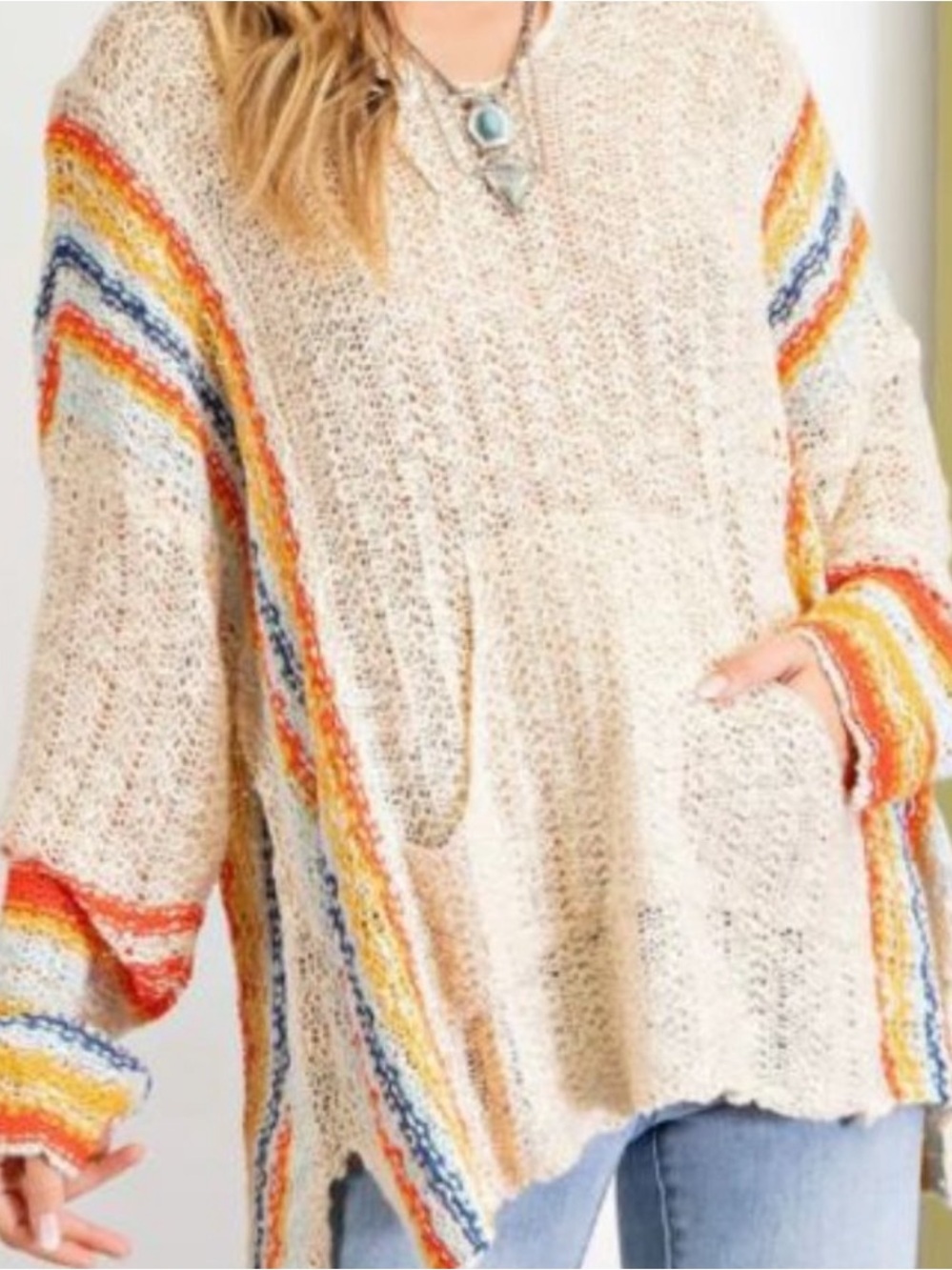 Easel NWOT Cream Knit Poncho Sweater with Rainbow Stripe Accents